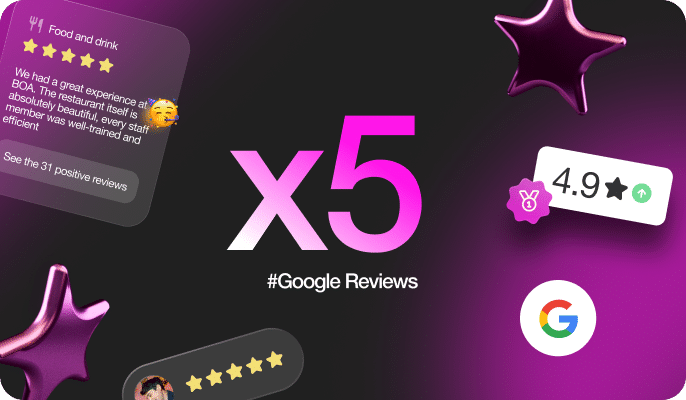 x5 Google reviews graphic with a 5-star restaurant review, a 4.9 rating badge and the Google logo